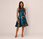 Sleeveless Metallic Vine Jacquard Midi Dress In Teal Sapphire Gold 2