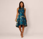 Sleeveless Metallic Vine Jacquard Midi Dress In Teal Sapphire Gold 1