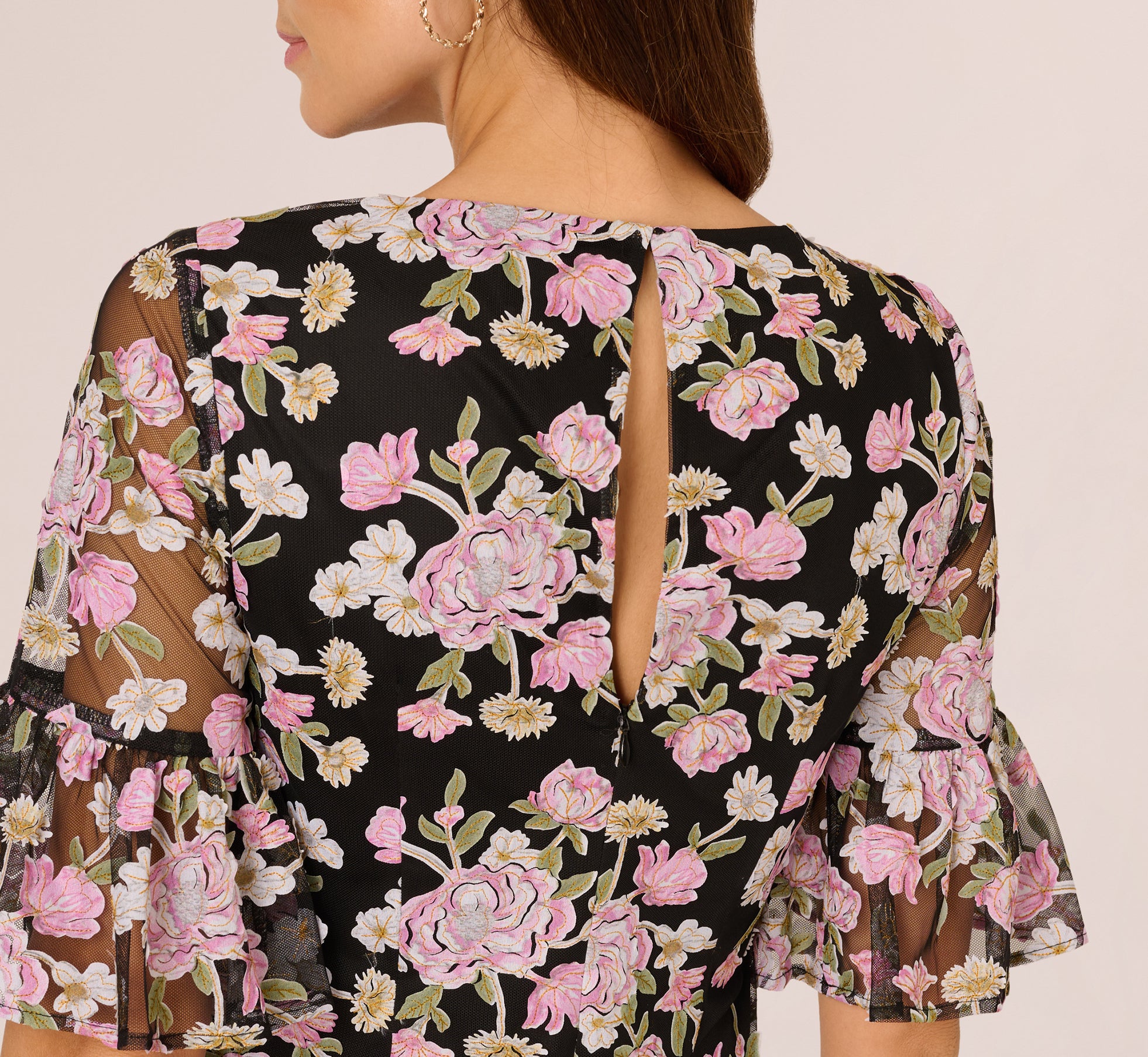 Black Multi Bell Sleeve Floral Embroidered Short Dress - Adrianna Papell Black Multi Bell Sleeve Floral Embroidered Short Dress - Adrianna Papell