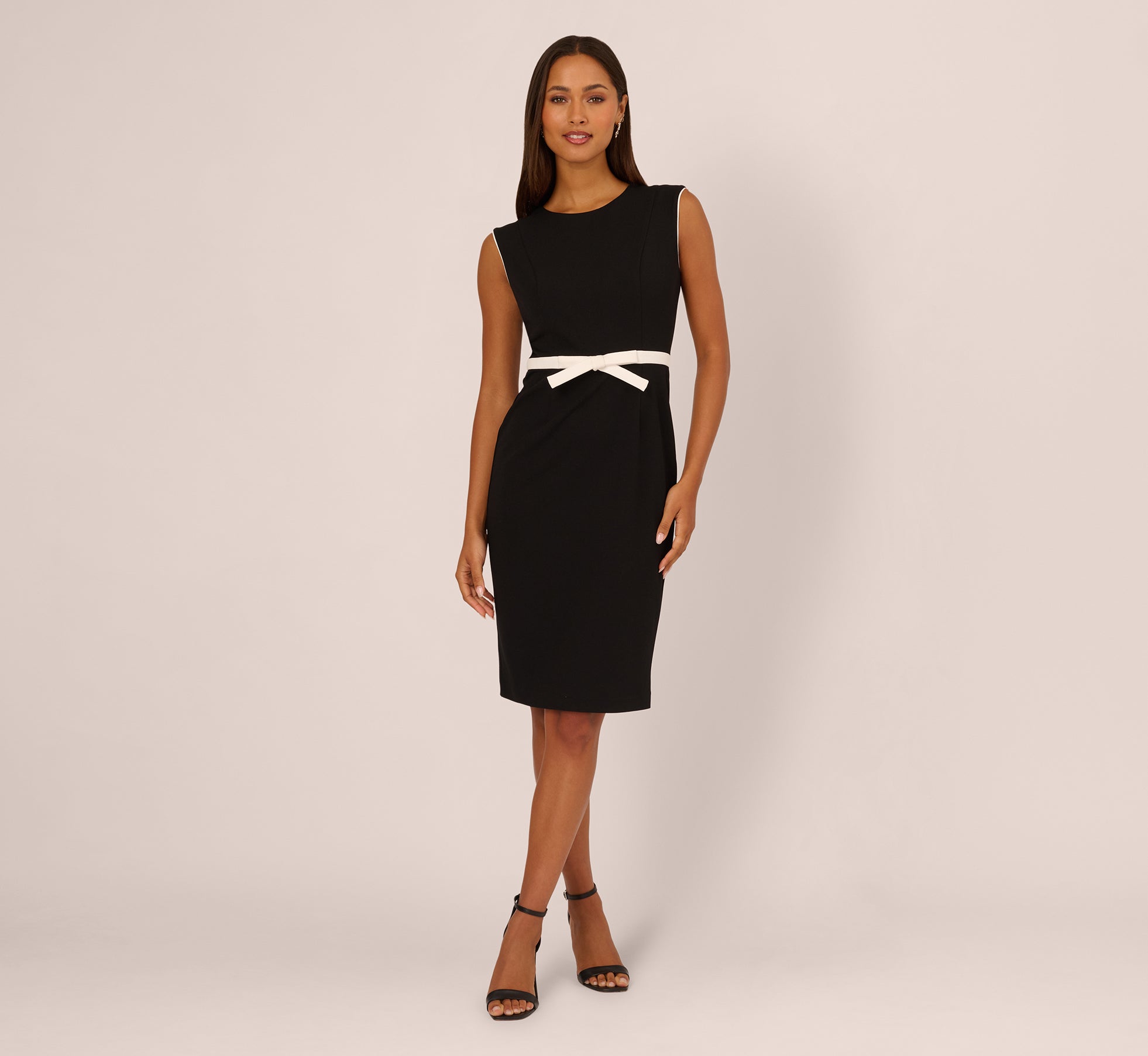 Cap Sleeve Contrast Trim Sheath Dress In Black Ivory Cap Sleeve Contrast Trim Sheath Dress In Black Ivory