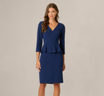 Three Quarter Sleeve Peplum Sheath Dress In Navy Sateen 2