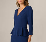 Three Quarter Sleeve Peplum Sheath Dress In Navy Sateen 3