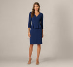 Three Quarter Sleeve Peplum Sheath Dress In Navy Sateen 6