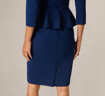 Three Quarter Sleeve Peplum Sheath Dress In Navy Sateen 4