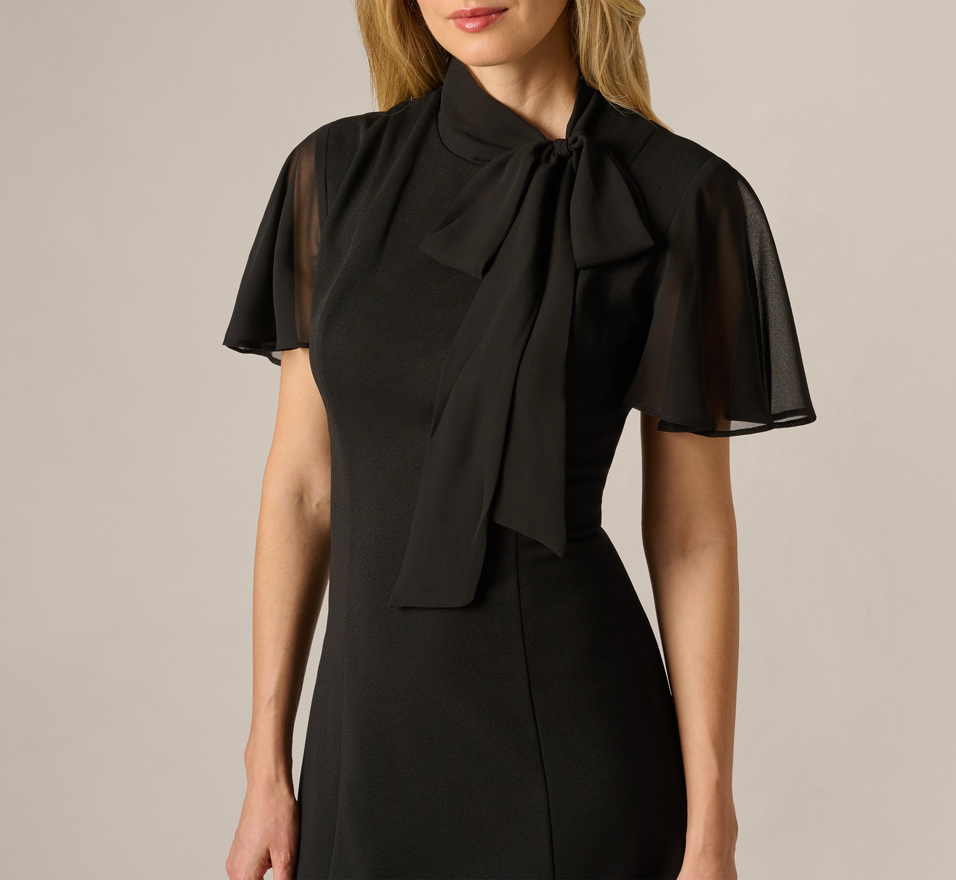 Black Flutter Sleeve Tie Neck Stretch Short Dress