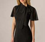Flutter Sleeve Tie Neck Stretch Short Dress In Black 3
