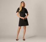 Flutter Sleeve Tie Neck Stretch Short Dress In Black 1