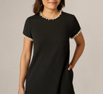 Stretch Crepe Pearly Short Shift Dress In Black Ivory 3