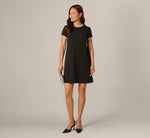 Stretch Crepe Pearly Short Shift Dress In Black Ivory 1