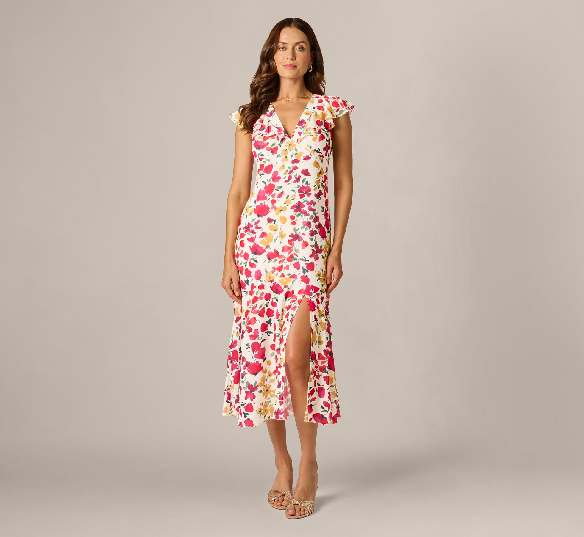 midi flounce dress Adrianna Papell Floral Print Midi Dress With Flounce Collar