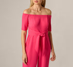 Off Shoulder Tie Front Stretch Jumpsuit In Camellia 3