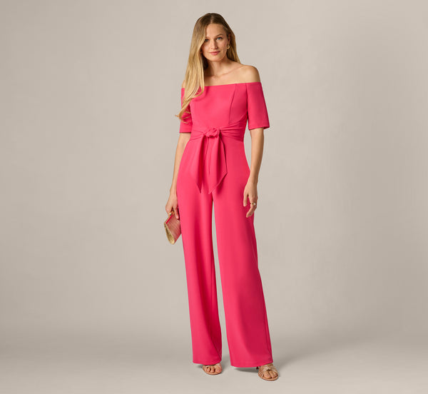 Off Shoulder Tie Front Stretch Jumpsuit In Camellia - Adrianna Papell