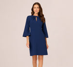 Bell Sleeve Stretch Crepe Keyhole Sheath Dress In Navy Sateen 2