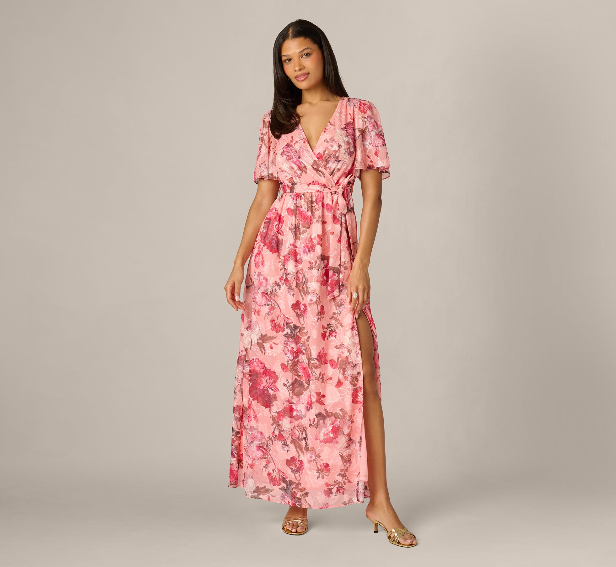 Flutter Sleeve Floral Print Embroidered Wrap Maxi Dress In Blush Multi Flutter Sleeve Floral Print Embroidered Wrap Maxi Dress In Blush Multi