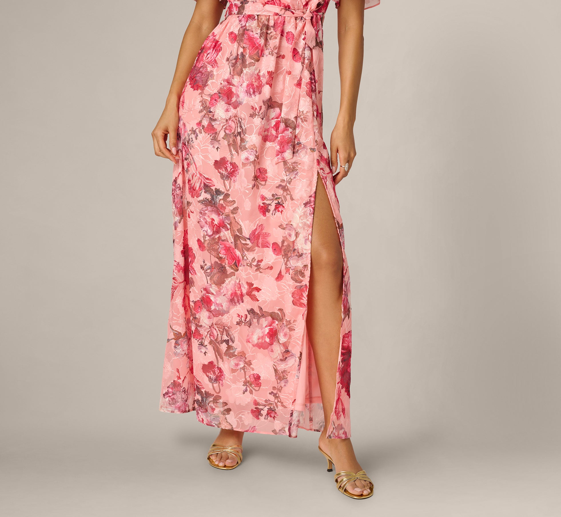 Blush Multi Flutter Sleeve Floral Print Embroidered Wrap Maxi Dress