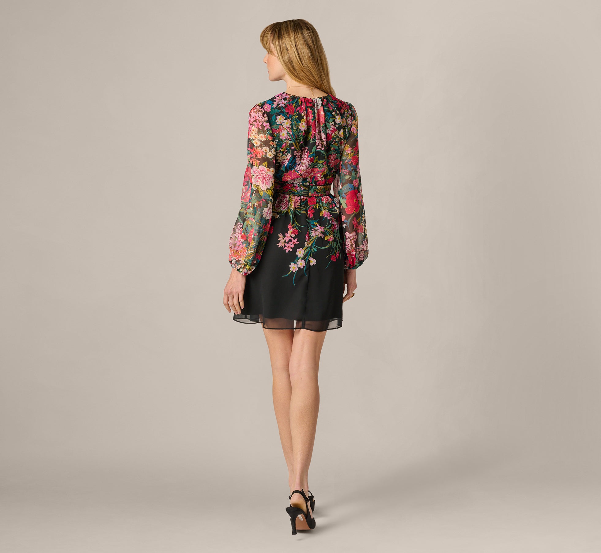 Long Sleeve Wildflower Print Short Dress In Black Multi