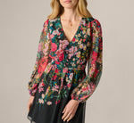 Long Sleeve Wildflower Print Short Dress In Black Multi 3