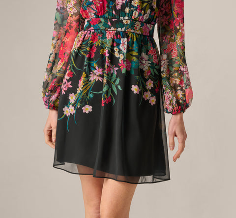 Black Long Sleeve Wildflower Print Short Dress