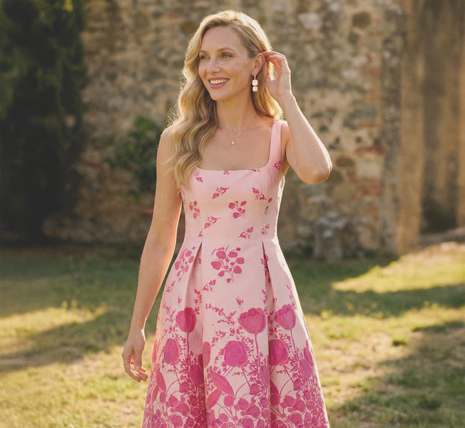 Multi Colored Square Neck Tulip Floral Border Jacquard Dress