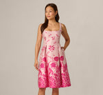 Square Neck Tulip Floral Border Jacquard Dress In Pink Multi 3