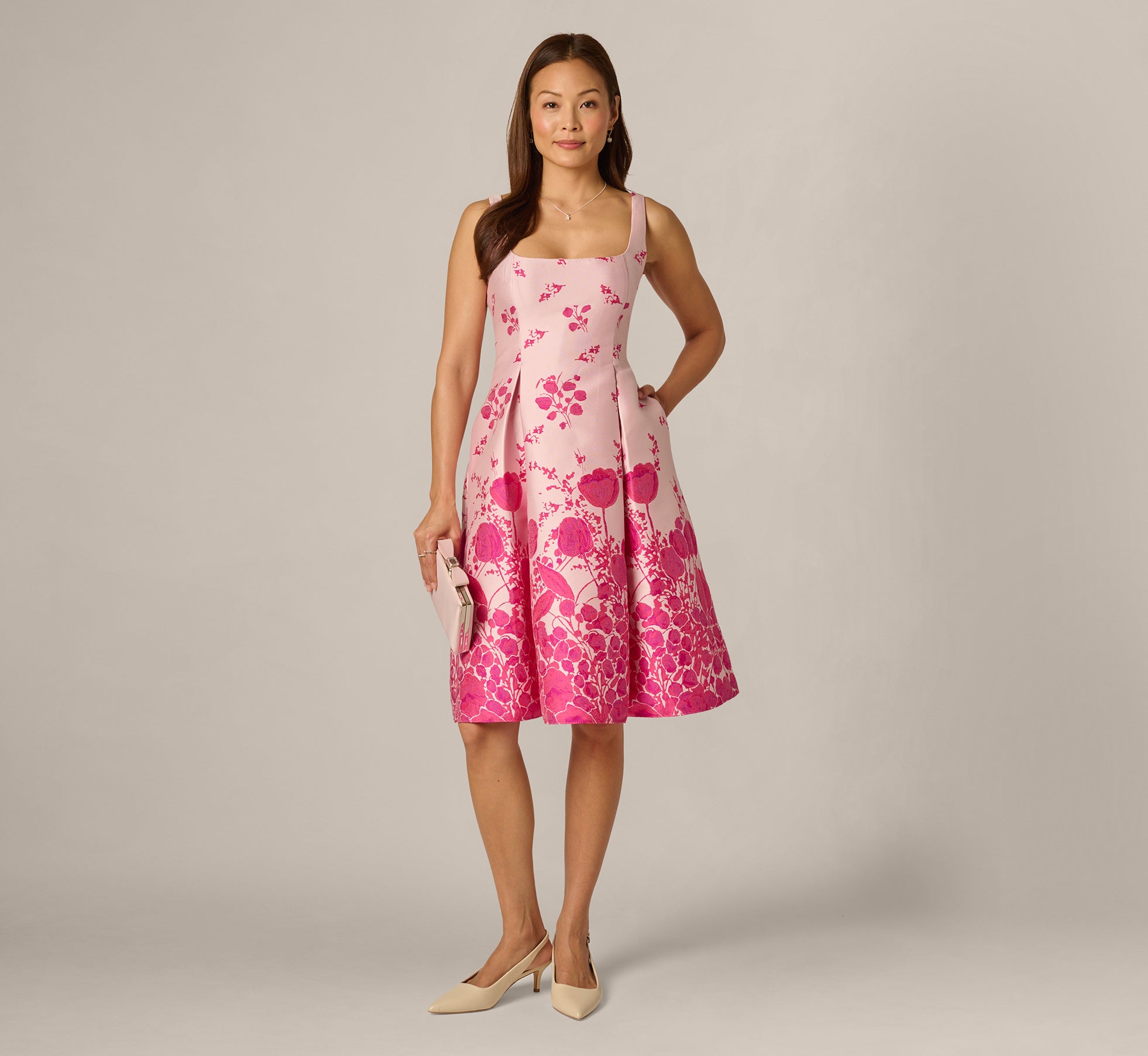 i*i様 rosyluce TULIP SQUARE NECK DRESS - Pink Multi Square Neck Tulip Floral Border Jacquard Dress