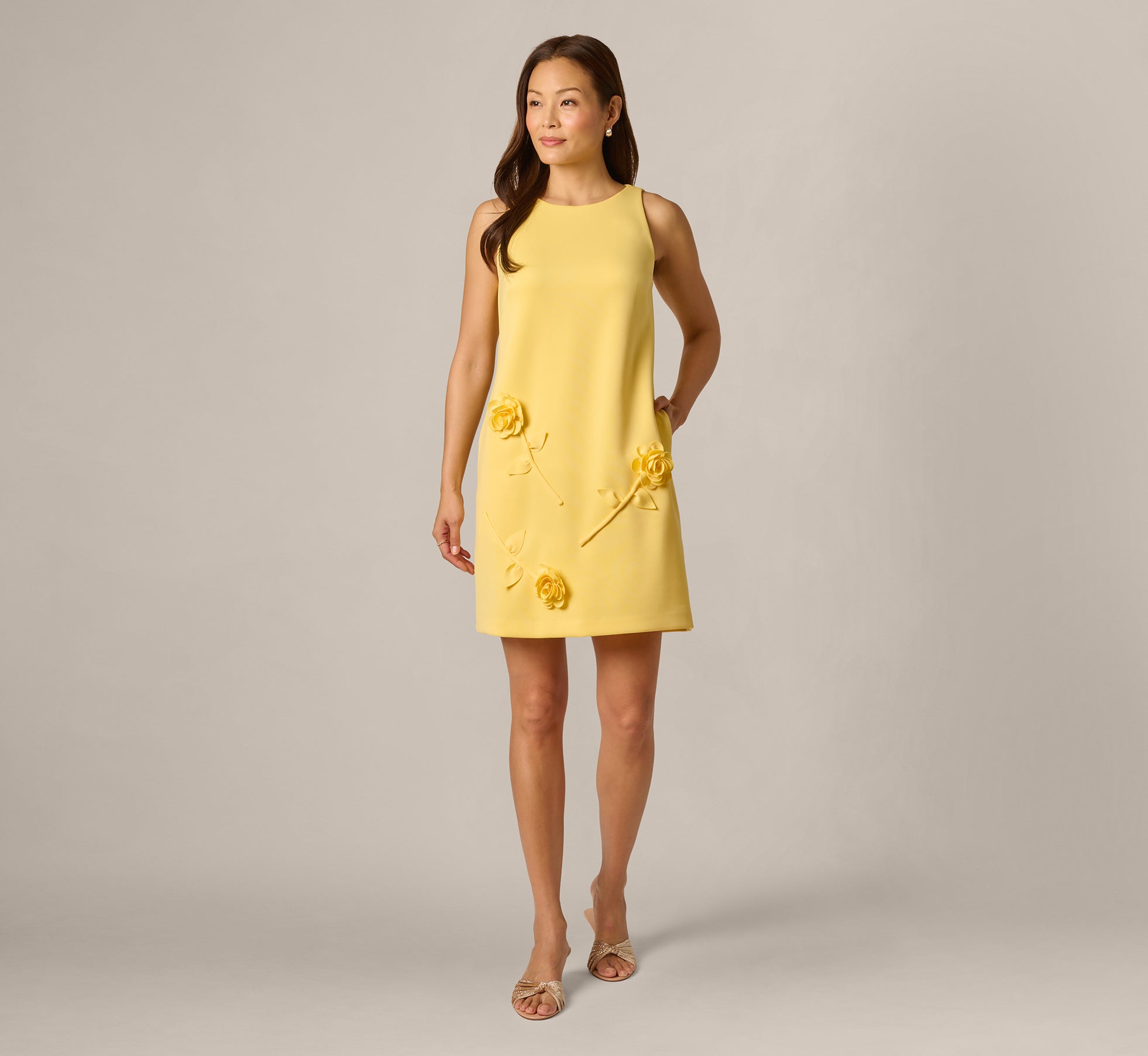 Yellow 3D Rosette Stretch Short Shift Dress - Adrianna Papell