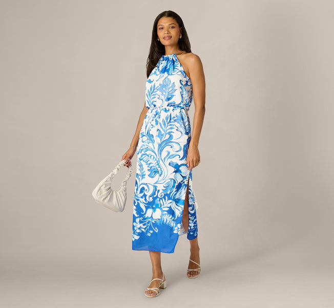 Scroll Print Chain Halter Midi In Ivory Blue, Ivory/Blue / Regular / 0