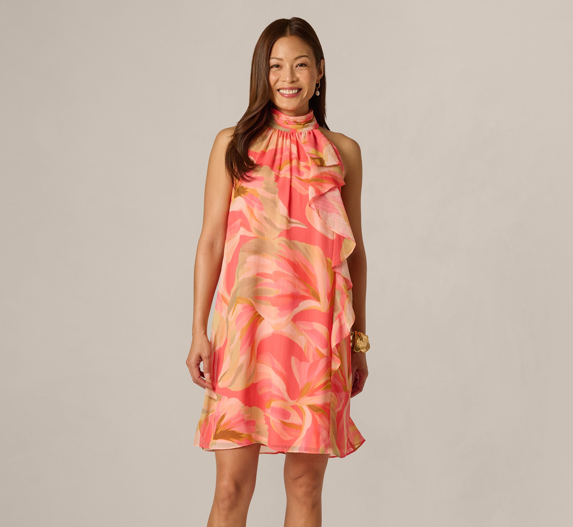 Coral Draped Petal Floral Short Trapeze Dress - Adrianna Papell