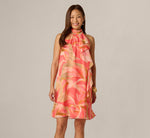 Draped Petal Floral Short Trapeze Dress In Coral Multi 2