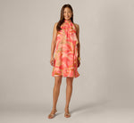Draped Petal Floral Short Trapeze Dress In Coral Multi 7