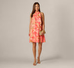 Draped Petal Floral Short Trapeze Dress In Coral Multi 1