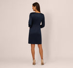 Three Quarter Sleeve Draped Satin Sheath Dress In Dark Navy 6