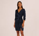 Three Quarter Sleeve Draped Satin Sheath Dress In Dark Navy 3