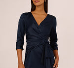 Three Quarter Sleeve Draped Satin Sheath Dress In Dark Navy 4