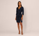 Three Quarter Sleeve Draped Satin Sheath Dress In Dark Navy 8