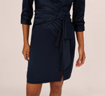 Three Quarter Sleeve Draped Satin Sheath Dress In Dark Navy 5