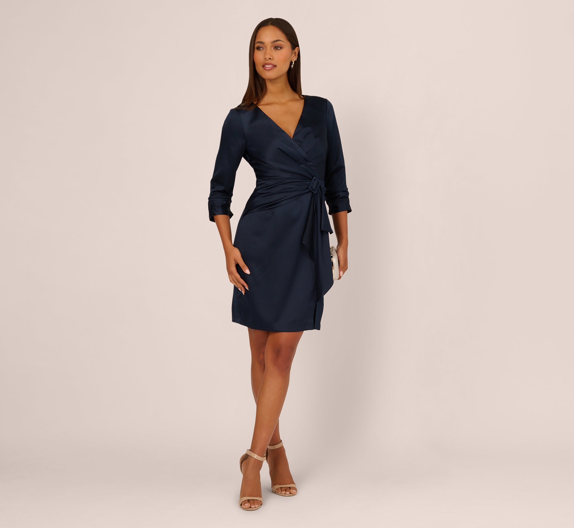adrianna papell sleeveless satin draped short dress in dark navy Adrianna Papell Asymmetrical Draped Dress