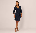 Three Quarter Sleeve Draped Satin Sheath Dress In Dark Navy 2