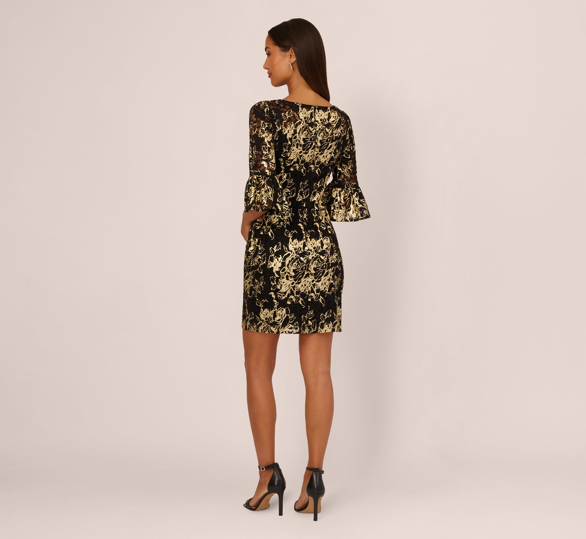 Black Bell Sleeve Metallic Lace Sheath Dress - Adrianna Papell Black Bell Sleeve Metallic Lace Sheath Dress - Adrianna Papell