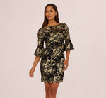 Bell Sleeve Metallic Lace Sheath Dress In Black Gold 3