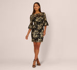 Bell Sleeve Metallic Lace Sheath Dress In Black Gold 8
