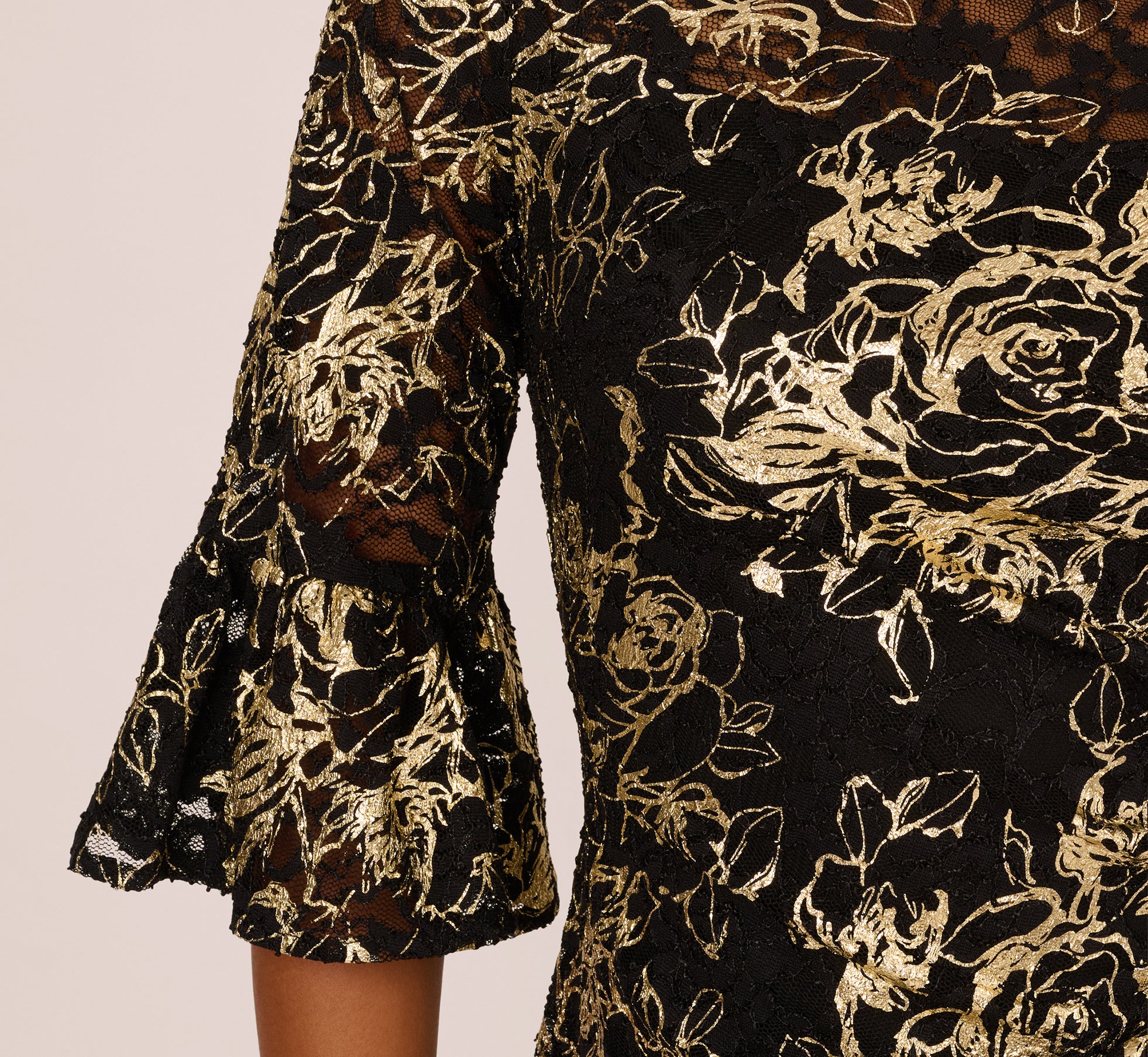Black Gold Bell Sleeve Metallic Lace Sheath Dress - Adrianna Papell Black Gold Bell Sleeve Metallic Lace Sheath Dress - Adrianna Papell