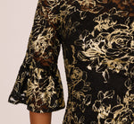 Bell Sleeve Metallic Lace Sheath Dress In Black Gold 5