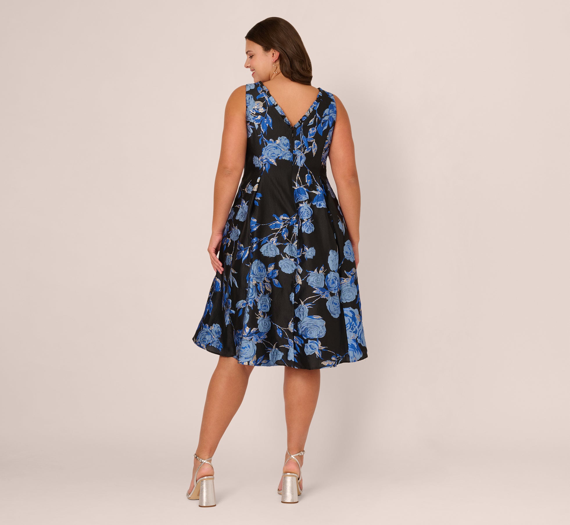 Multi Colored Plus Size Floral Jacquard Short Fit And Flare Dress