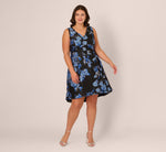 Plus Size Floral Jacquard Short Fit And Flare Dress In Blue Black Multi 2