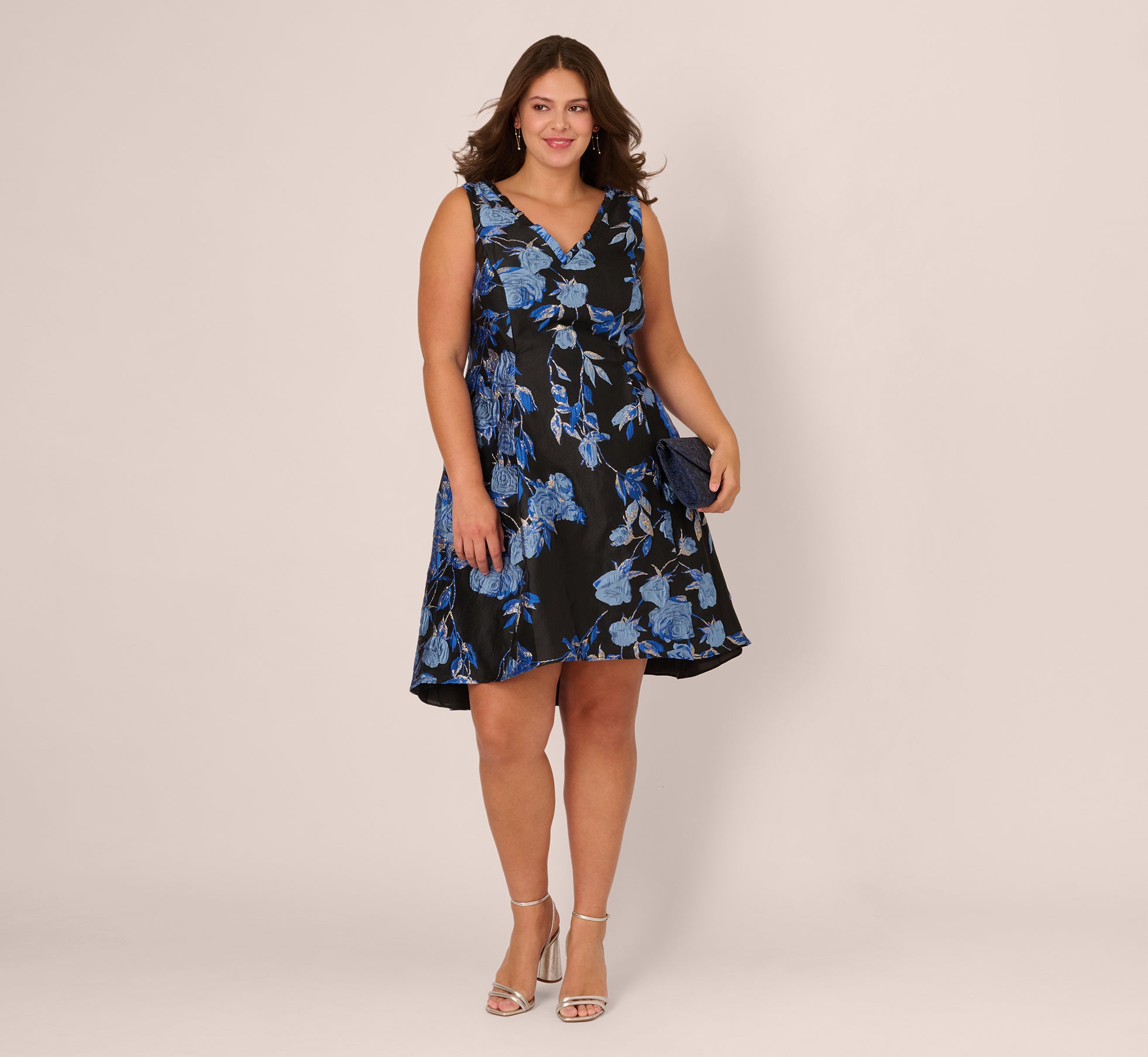 Plus Size Floral Jacquard Short Fit And Flare Dress In Blue Black Multi 1