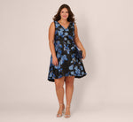 Plus Size Floral Jacquard Short Fit And Flare Dress In Blue Black Multi 1