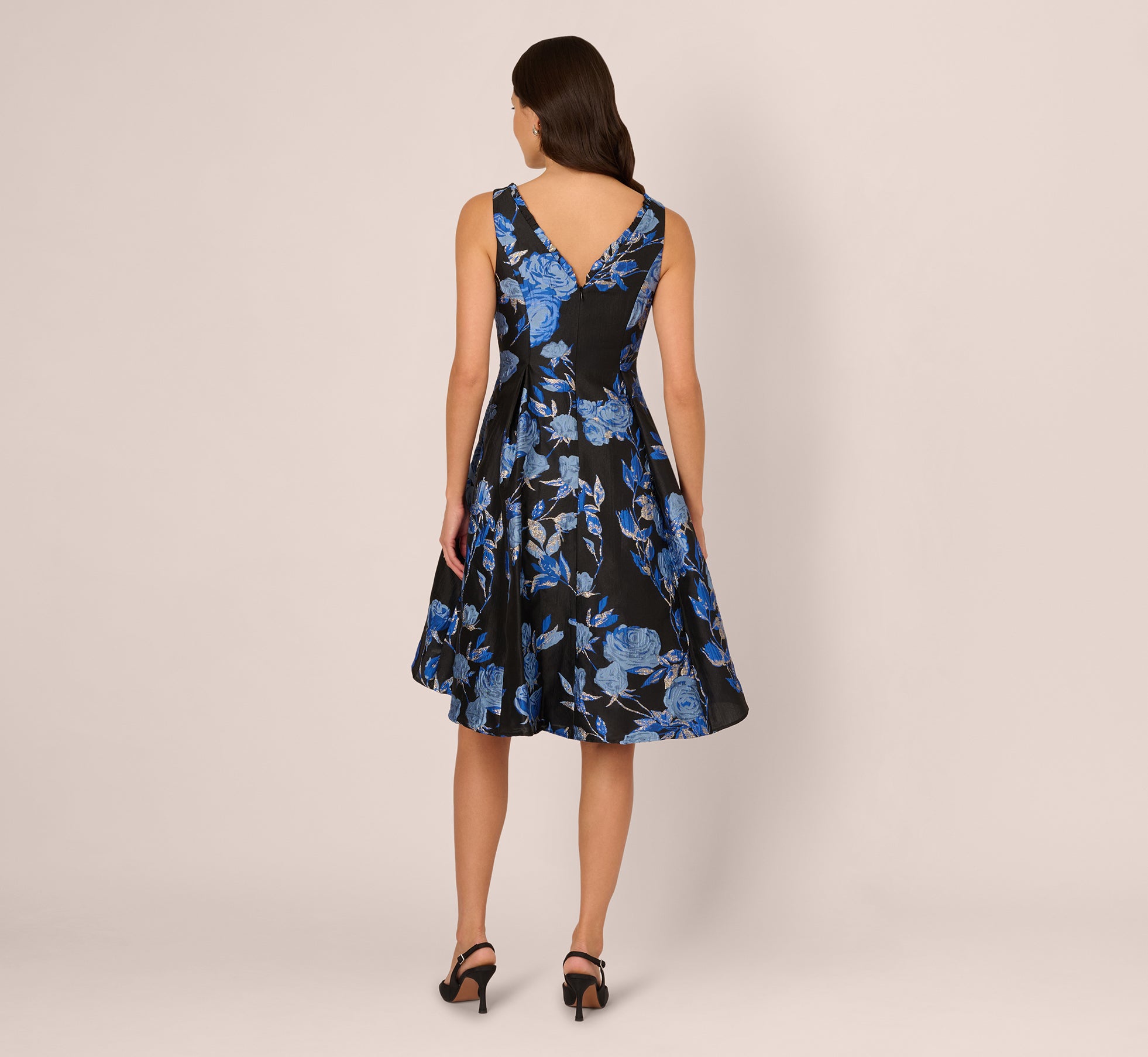 Floral Jacquard Short Fit And Flare Dress In Blue Black Multi - Adrianna  Papell