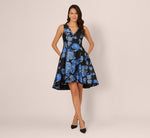 Floral Jacquard Short Fit And Flare Dress In Blue Black Multi 3