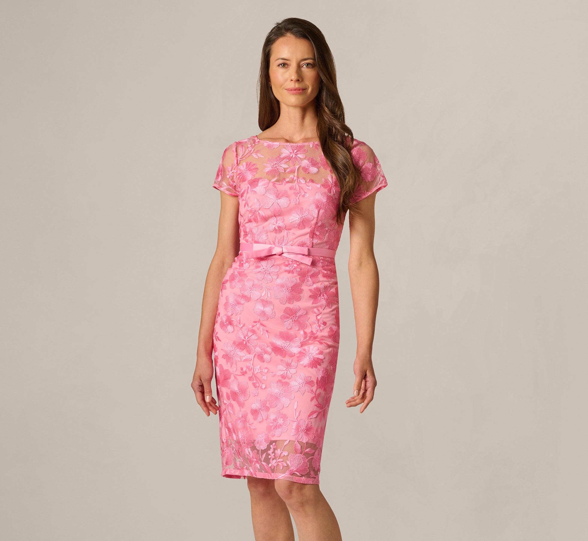 Short Sleeve Embroidered Illusion Sheath Dress In Cherry Blossom - Adrianna Papell Short Sleeve Embroidered Illusion Sheath Dress In Cherry Blossom - Adrianna Papell